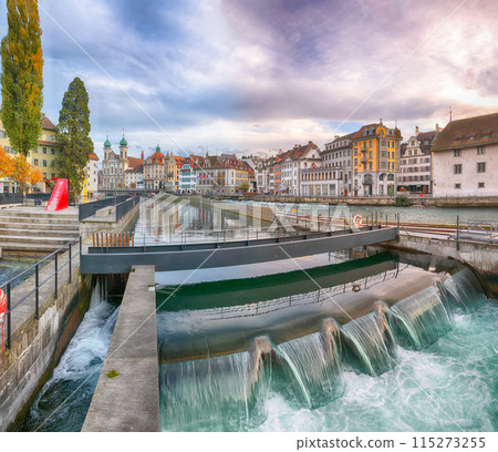 Stunning historic city center of Lucerne with famous buildings and lake Jesuitenkirche Church. 115273255