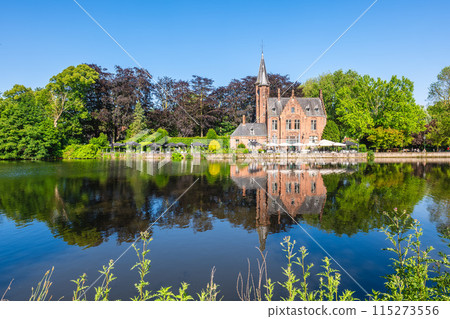 Scenery of Minnewater, the lake of love, located in Bruges, Belgium 115273556