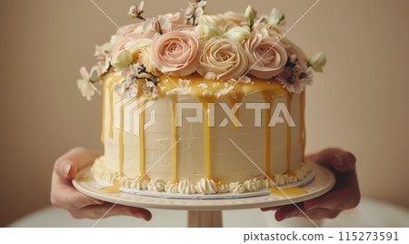 A Single Tiered White Cake Topped With Flowers and Drizzled With Caramel 115273591