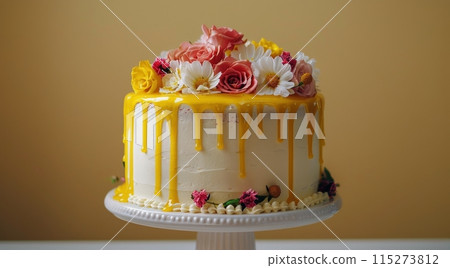 A Single Tiered White Cake Topped With Flowers and Drizzled With Caramel A Single Tiered White Cake Topped With Flowers and Drizzled With Caramel 115273812