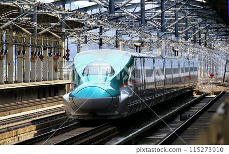 Tohoku Shinkansen E5/H5 series train passing Fukushima Station at high speed 115273910