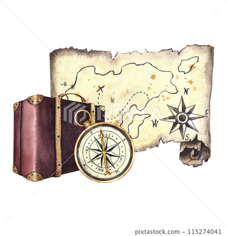 Travel and adventures. A vintage suitcase and an antique treasure map. Watercolor illustration made by hand in retro style. Highlight it. For banners, flyers, posters. For postcards and tickets. Travel and adventures. A vintage suitcase and an antique treasure map. Watercolor illustration made by hand in retro style. Highlight it. For banners, flyers, posters. For postcards and tickets. 115274041