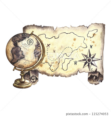 Journey. Vintage globe with an old map of the island. Handmade watercolor illustration. For banners, flyers, posters. For printing, stickers and packaging. Journey. Vintage globe with an old map of the island. Handmade watercolor illustration. For banners, flyers, posters. For printing, stickers and packaging. 115274053