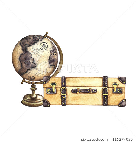 A vintage suitcase and a globe. Travel around the world. A hand-drawn watercolor illustration in retro style. Isolate it. For banners, flyers, posters. For postcards and tickets. 115274056