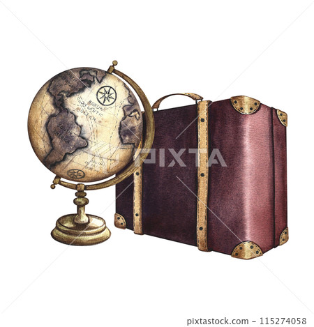 A vintage suitcase and a globe. Travel around the world. A hand-drawn watercolor illustration in retro style. Isolate it. For banners, flyers, posters. For postcards and tickets. 115274058