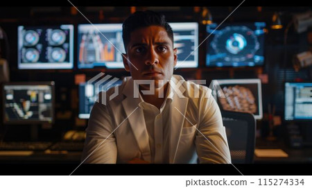 The data analyst that working inside room that filled with the monitor. AIG43. 115274334