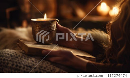 The close up picture of the person holding cup of coffee in living room. AIG43. 115274474