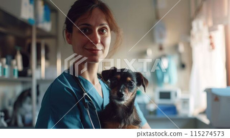 The adult veterinarian and dog that staying in clinic take caring animal. AIG43. 115274573