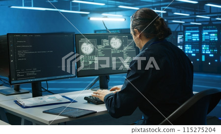 System administrator in server room frightened by sensitive data threatened by hacking attack on computers. Afraid man jumping out of desk chair, rushing to save data center from unauthorized access 115275204