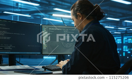 System admin focused on programming in server room housing advanced equipment storing massive datasets. Developer typing code on PC to mend data center racks doing complex computational operations System admin focused on programming in server room housing advanced equipment storing massive datasets. Developer typing code on PC to mend data center racks doing complex computational operations 115275206