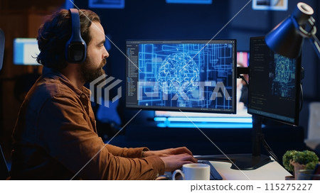 Developer updating artificial intelligence neural networks, drinking coffee and listening music in personal office. IT expert enjoying hot beverage and audio podcasts while writing AI code, camera A Developer updating artificial intelligence neural networks, drinking coffee and listening music in personal office. IT expert enjoying hot beverage and audio podcasts while writing AI code, camera A 115275227