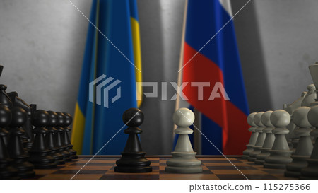 Ukraine and Russia National Flags with Chess Game 3D Illustration. Politics Concept, Government Conflict Ukraine and Russia National Flags with Chess Game 3D Illustration. Politics Concept, Government Conflict 115275366