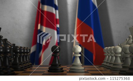 UK and Russia National Flags with Chess Game 3D Illustration. Politics Concept, Government Conflict UK and Russia National Flags with Chess Game 3D Illustration. Politics Concept, Government Conflict 115275368