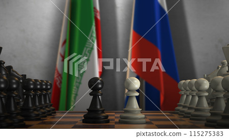 Iran and Russia National Flags with Chess Game 3D Illustration. Politics Concept, Government Conflict Iran and Russia National Flags with Chess Game 3D Illustration. Politics Concept, Government Conflict 115275383