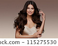 Beautiful brown-haired girl with a perfectly curls hair, and classic make-up. Beauty face and hair. 115275530