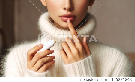 Young woman applying moisturizing lip balm 115275848