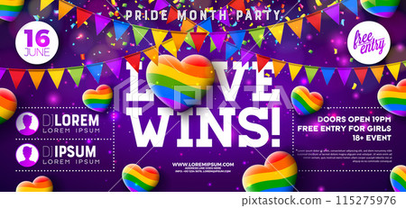 Pride Month Party Flyer Design. LGBTQ Illustration with Colorful Party Flag and Rainbow Heart on Purple Background. Love Wins Vector LGBT Event Banner Design for Celebration Poster, Invitation, Banner 115275976