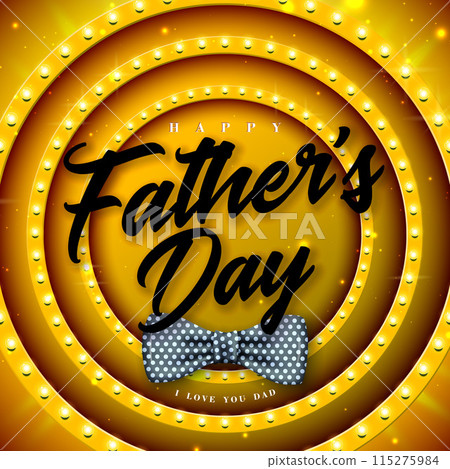 Happy Father's Day Greeting Card Design with Dotted Bow Tie and Typography Lettering on Retro Yellow Light Bulb Billboard Background. Vector Celebration Illustration for Best Dad. Father Day Template 115275984