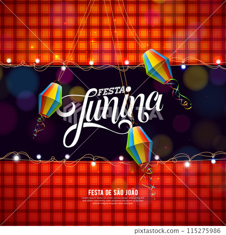 Festa Junina Illustration with Light Bulb Garland, Colorful Paper Lantern and Typography Letter on Red Checkered Background. Vector Festa de Sao Joao Brazilian June Traditional Holiday Festival Design 115275986