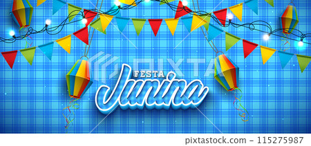 Festa Junina Illustration with Party Flag, Colorful Paper Lantern and 3d Typography Letter on Blue Checkered Background. Vector Festa de Sao Joao Brazilian June Traditional Holiday Festival Design for Festa Junina Illustration with Party Flag, Colorful Paper Lantern and 3d Typography Letter on Blue Checkered Background. Vector Festa de Sao Joao Brazilian June Traditional Holiday Festival Design for 115275987