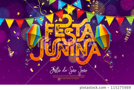 Festa Junina Illustration with Colorful Party Flags and Paper Lantern on Falling Confetti Background. Vector Brazilian Traditional June Sao Joao Festival Design for Banner, Greeting Card, Invitation Festa Junina Illustration with Colorful Party Flags and Paper Lantern on Falling Confetti Background. Vector Brazilian Traditional June Sao Joao Festival Design for Banner, Greeting Card, Invitation 115275989