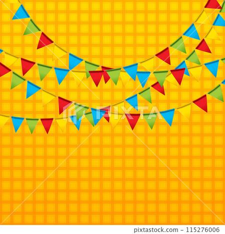 Festa Junina Illustration with Colorful Party Flag Garland on Yellow Checkered Background. Vector Festa de Sao Joao Brazil June Traditional Holiday Festival Design for Celebration Banner, Flyer Festa Junina Illustration with Colorful Party Flag Garland on Yellow Checkered Background. Vector Festa de Sao Joao Brazil June Traditional Holiday Festival Design for Celebration Banner, Flyer 115276006