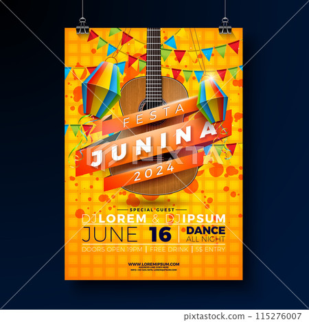 Festa Junina Party Flyer Design with Guitar, Party Flags, Paper Lantern and Typography Lettering on Yellow Checkered Background. Vector Brazil June Festival Illustration for Celebration Poster or Festa Junina Party Flyer Design with Guitar, Party Flags, Paper Lantern and Typography Lettering on Yellow Checkered Background. Vector Brazil June Festival Illustration for Celebration Poster or 115276007