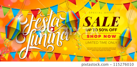 Festa Junina Sale Promotional Business Illustration with Paper Lantern, Party Flag and Typography Letter on Yellow Background. Vector Festa de Sao Joao Special Offer Illustration for Coupon, Voucher Festa Junina Sale Promotional Business Illustration with Paper Lantern, Party Flag and Typography Letter on Yellow Background. Vector Festa de Sao Joao Special Offer Illustration for Coupon, Voucher 115276010