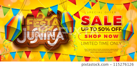 Festa Junina Sale Promotional Business Illustration with Paper Lantern, Party Flag and Vintage Wood Board on Yellow Background. Vector Festa de Sao Joao Special Offer Illustration for Coupon, Voucher Festa Junina Sale Promotional Business Illustration with Paper Lantern, Party Flag and Vintage Wood Board on Yellow Background. Vector Festa de Sao Joao Special Offer Illustration for Coupon, Voucher 115276126