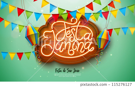 Festa Junina Banner Illustration with Party Flags and Paper Lantern and Glowing Neon Light Letter on Light Green Background. Vector Brazil June Sao Joao Festival Design with Typography on Vintage Wood Festa Junina Banner Illustration with Party Flags and Paper Lantern and Glowing Neon Light Letter on Light Green Background. Vector Brazil June Sao Joao Festival Design with Typography on Vintage Wood 115276127