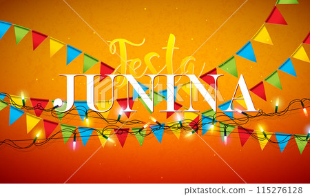 Festa Junina Illustration with Colorful Party Flags and Typography Letter on Red Background. Vector Brazil June Traditional Holiday Festival Design for Celebration Banner, Greeting Card, Invitation or 115276128