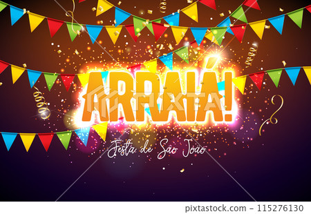 Festa Junina Celebration Banner Illustration with Paper Lantern, Party Flags and Arraia Portuguese Language Glowing Text Label on Falling Confetti Background. Vector Brazil June Sao Joao Festival 115276130