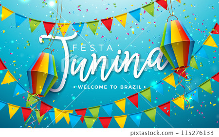 Festa Junina Illustration with Party Flags and Paper Lantern on Blue Cloudy Background. Vector Brazil June Traditional Holiday Festival Design for Celebration Banner, Greeting Card, Invitation or 115276133