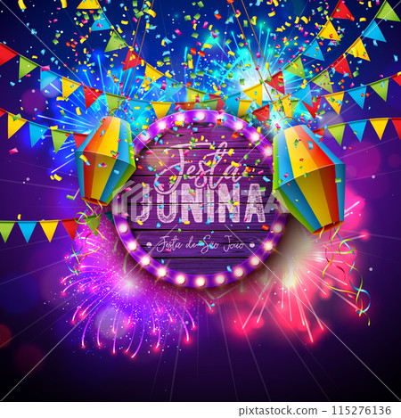 Festa Junina Celebration Banner Illustration with Paper Lantern, Party Flags and Light Bulb Billboard on Glowing Fireworks Background. Vector Brazil June Sao Joao Festival Design for Greeting Card 115276136