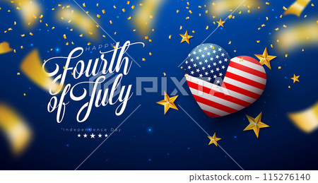 4th of July Independence Day of the USA Vector Illustration with American Flag Pattern Heart, Gold Star and Falling Confetti on Blue Background. Fourth of July National Celebration Design with 115276140