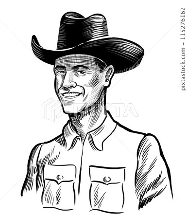 Cowboy character. Hand drawn retro styled black and white illustration 115276162