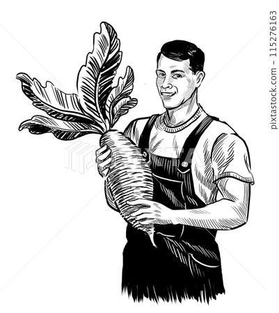 Farmer with a beet. Hand drawn retro styled black and white illustration 115276163