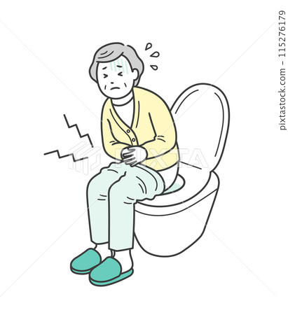 一名老年婦女因腹瀉或便秘而腹痛被困在廁所裡的插圖 115276179