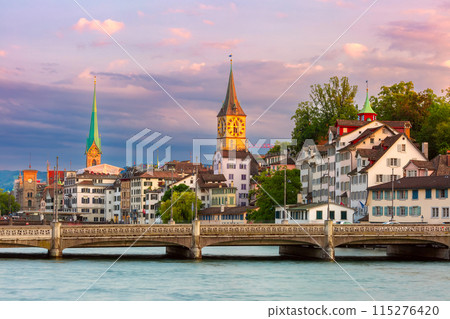 Evening View of Grossmunster and Limmat River in Zurich, Switzerland 115276420
