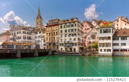 Evening View of Grossmunster and Limmat River in Zurich, Switzerland Evening View of Grossmunster and Limmat River in Zurich, Switzerland 115276421