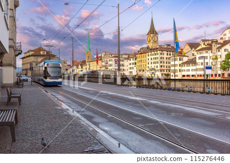 Zurich cityscape with tram on Munsterbrucke Bridge Zurich Switzerland 115276446