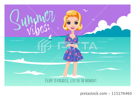 Summer and Travel concept with girl on beach 115276460