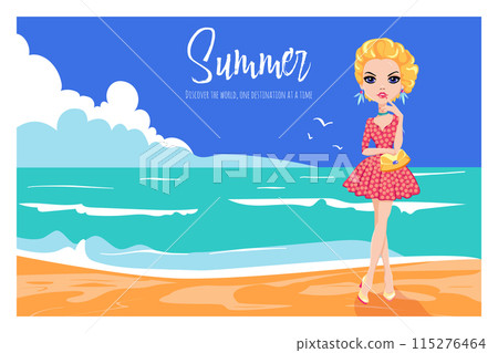 Summer and Travel concept with girl on beach 115276464