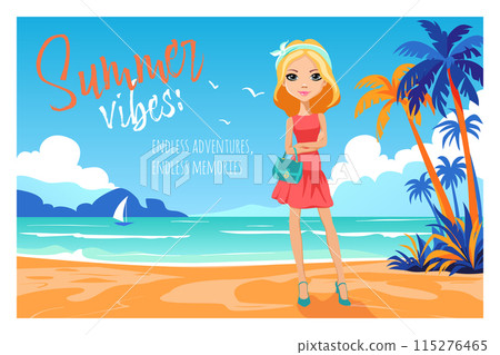 Summer and Travel concept with girl on beach 115276465