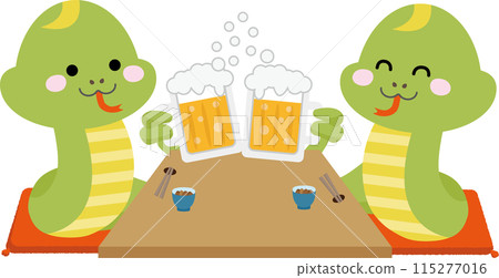 Two snakes toasting with beer at a party such as a year-end party or a New Year's party 115277016