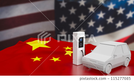 The Ev car on Usa and china flag for Business or technology concept 3d rendering. The Ev car on Usa and china flag for Business or technology concept 3d rendering. 115277085
