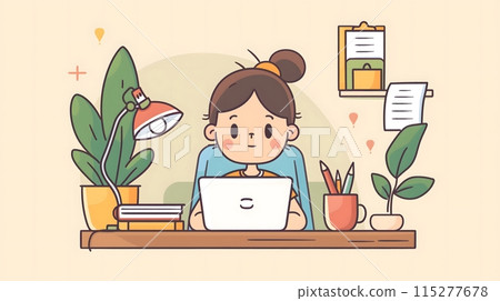 2D Illustration - Adorable drawing of a girl working at a desk with a laptop, plants, and organized stationery 115277678