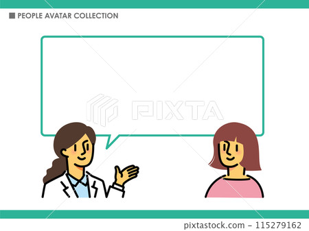Characters and speech bubbles. A woman explaining. 115279162
