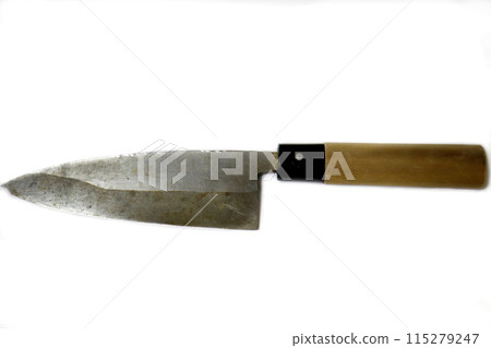 A well-used deba knife on a white background A well-used deba knife on a white background 115279247