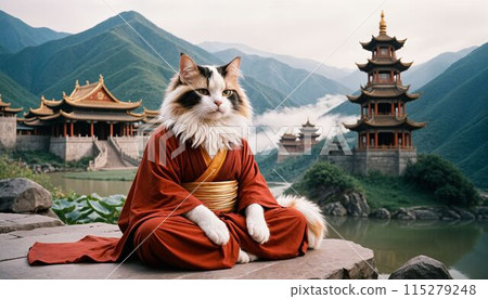 A fluffy cat, disguised as a monk, peacefully sits in a lotus position on a rock, blending serenity and humor in Chinese Buddhist monastery on Mountain view background  115279248